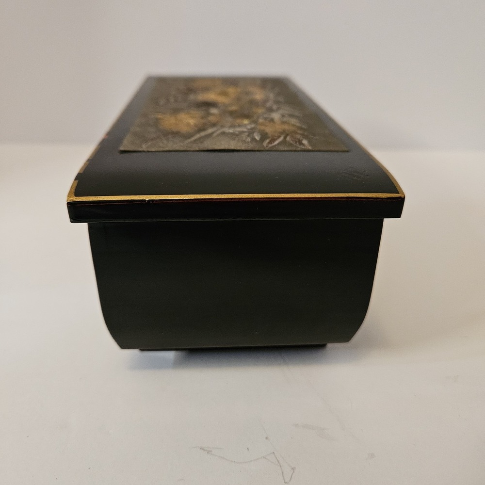 VTG Yokohama Jewelry Music Box Wood Black Metallic Yellow Floral Design Japan 8" - Picture 4 of 7